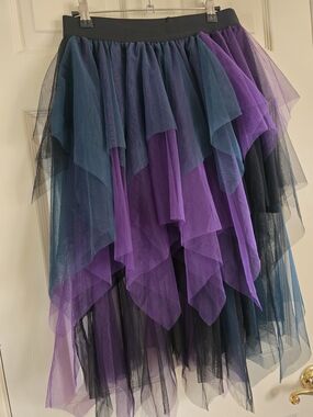 Source Unknown Asymmetrical Layered Tulle Skirt in Purple, Teal & Black